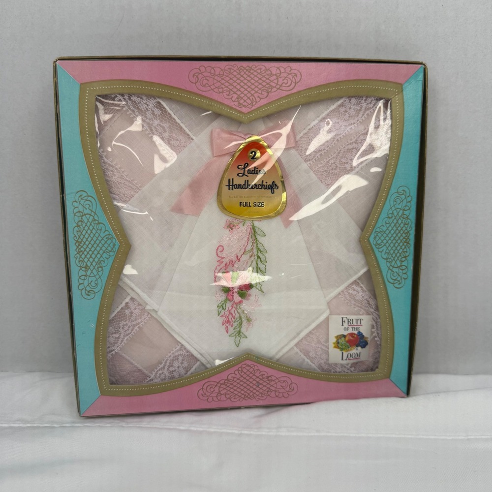 Vintage Fruit of the Loom Ladies Handkerchiefs Boxed Set 2 Floral Lace Cotton‎